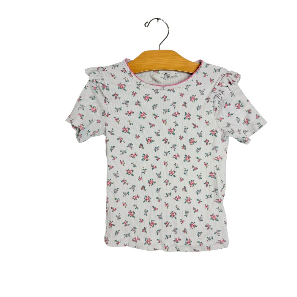 HM Girls Floral Ribbed Ruffle Short Sleeve Top White Pink Size 6-8Y